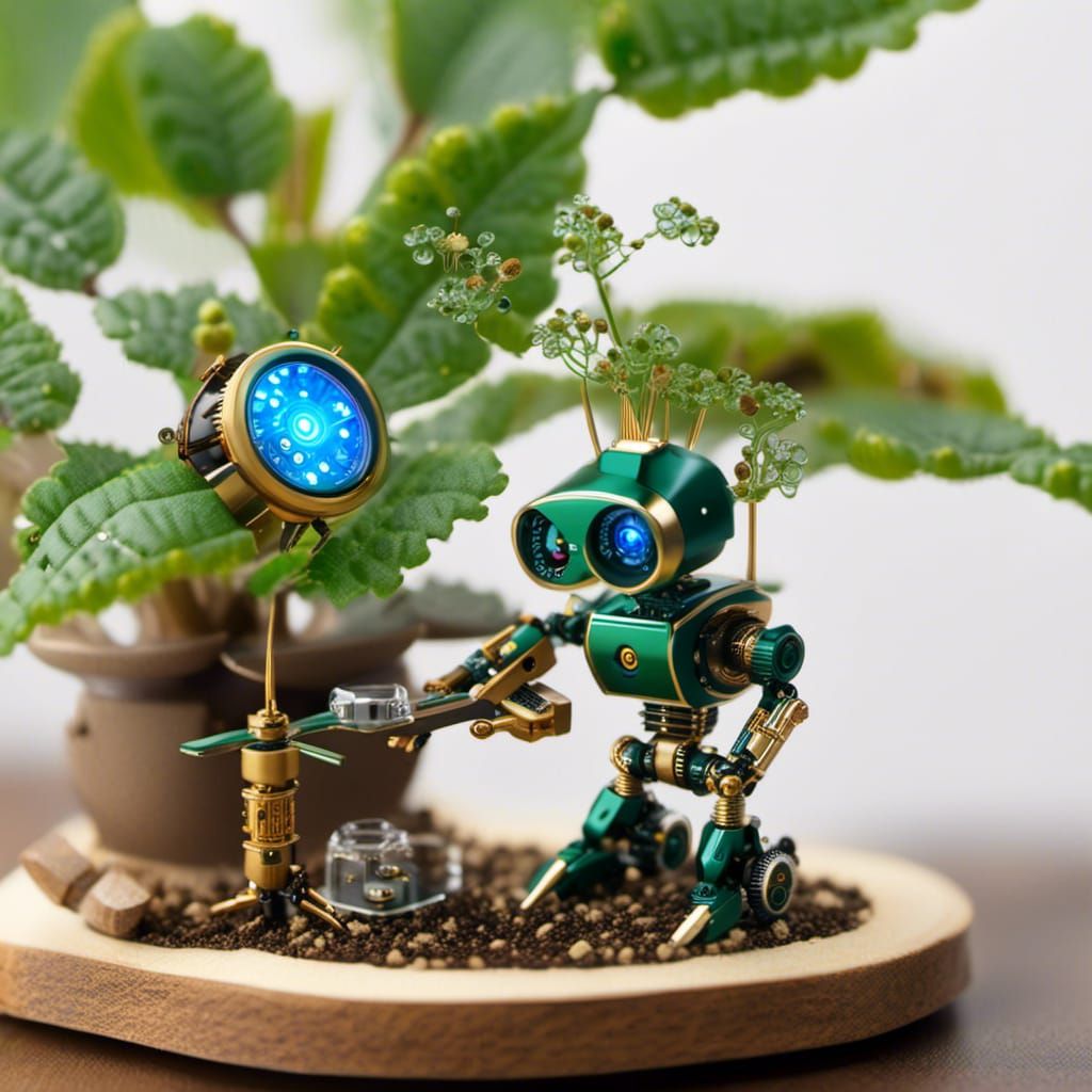A nanobot shaped like a tiny gardener, tending to a bonsai tree with microscopic tools.