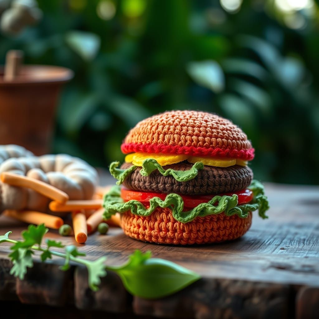 A crochet hamburger  by @Tangled Serendipity