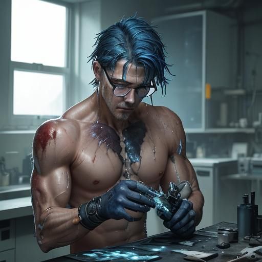 "Generate an image of a shirtless, dripping wet, bloodied ma...