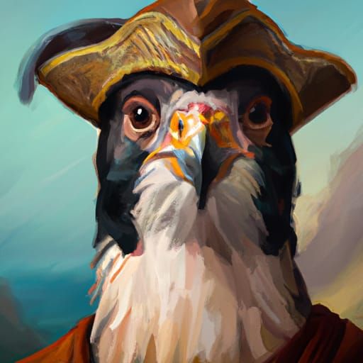 A historic oil portrait of a peregrine falcon wearing a pira...
