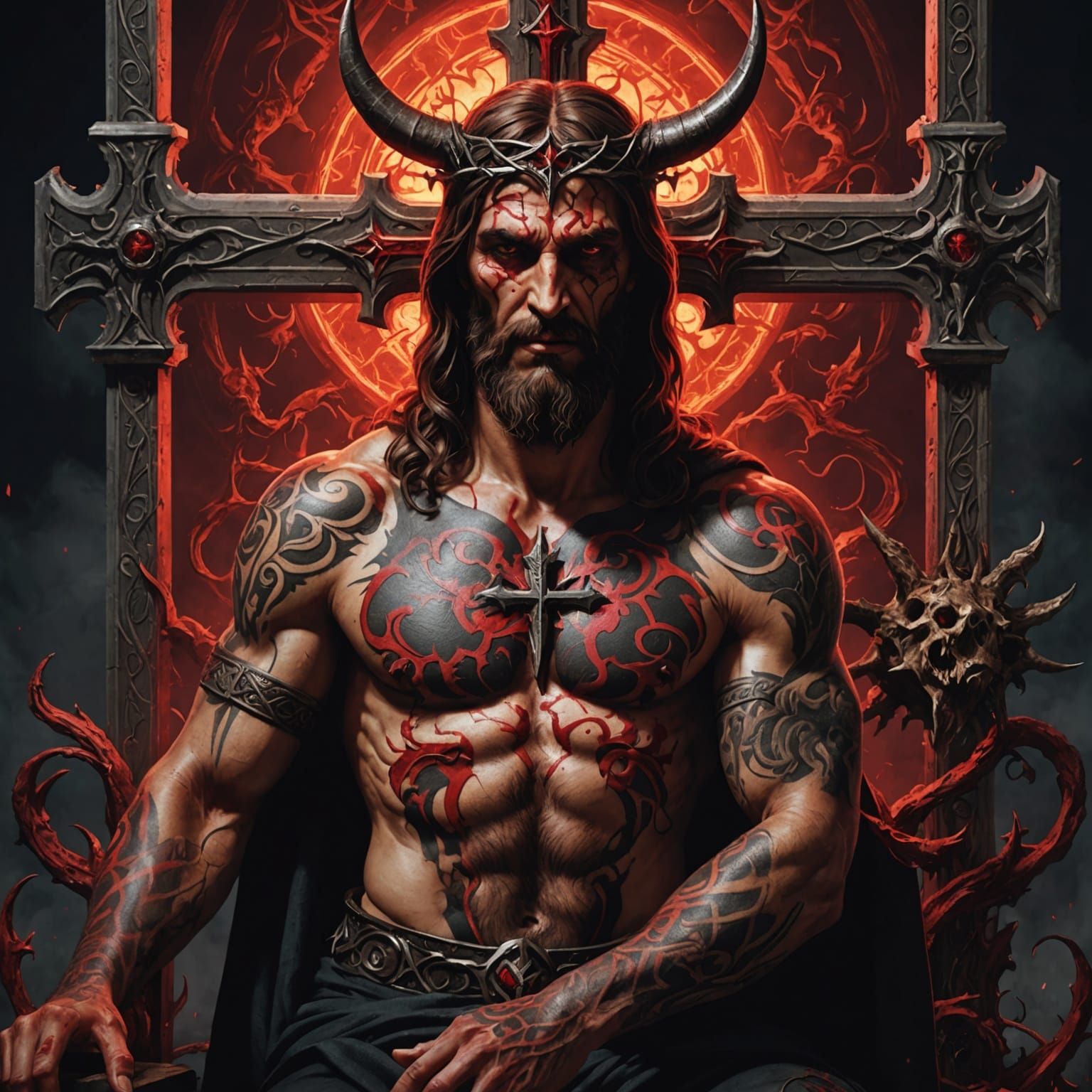 the devil tattooing jesus christ with red ink on the cross d...