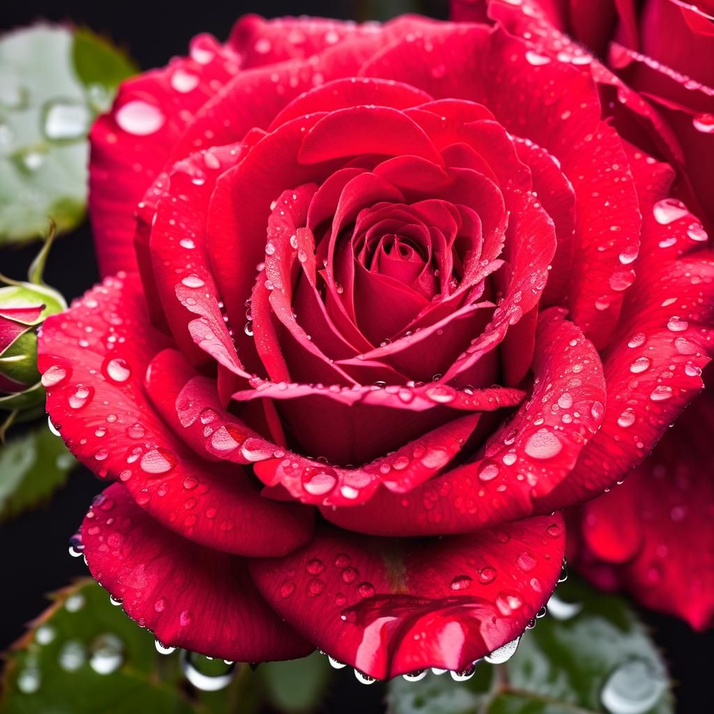 dew drops on red rose pedals close up deriled