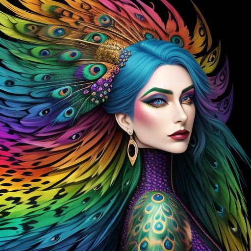 Beautiful woman colourful rainbow dragon scales. Peacock hai...