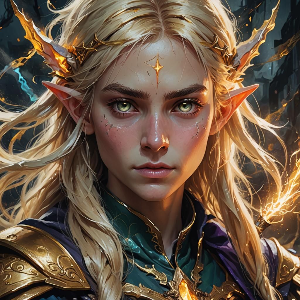 (Dark fantasy anime semi realism), oil painting of a blonde androginous elf wizard casting magic beams from his staff. 1970, dark fantasy bo...