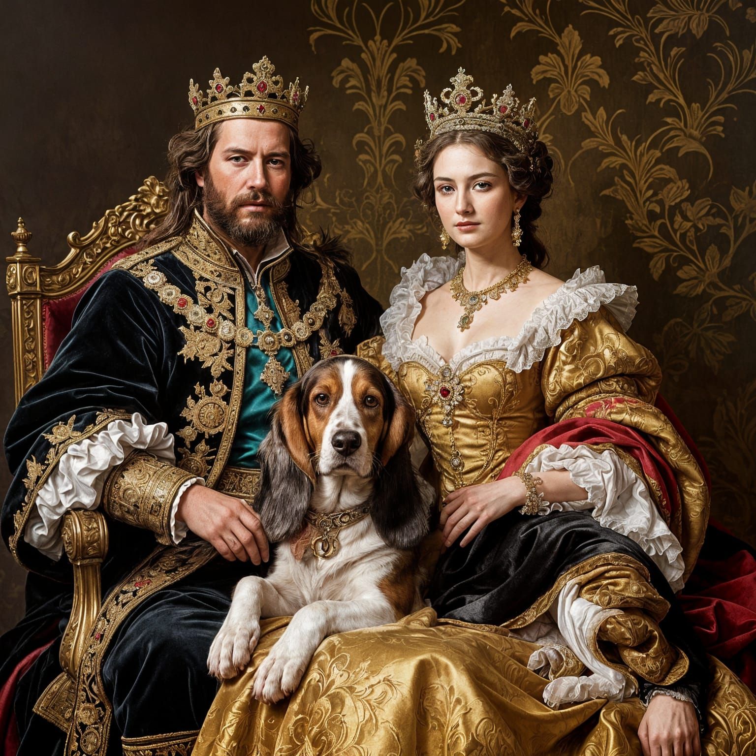 An ornate Baroque royal portrait, painted in the grand style of the old masters. The king and queen are ...  by @PWC Digital Art