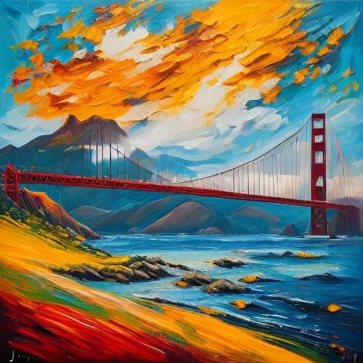 <lora:Impasto15:1.0>  Golden gate bridge sunny day bold color colorful vibrant 