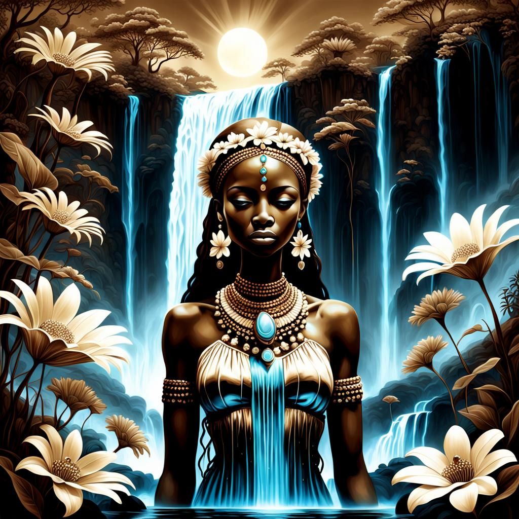 Sepia Art Illusion African Queen Fantasy Flowers Abstract Bi...