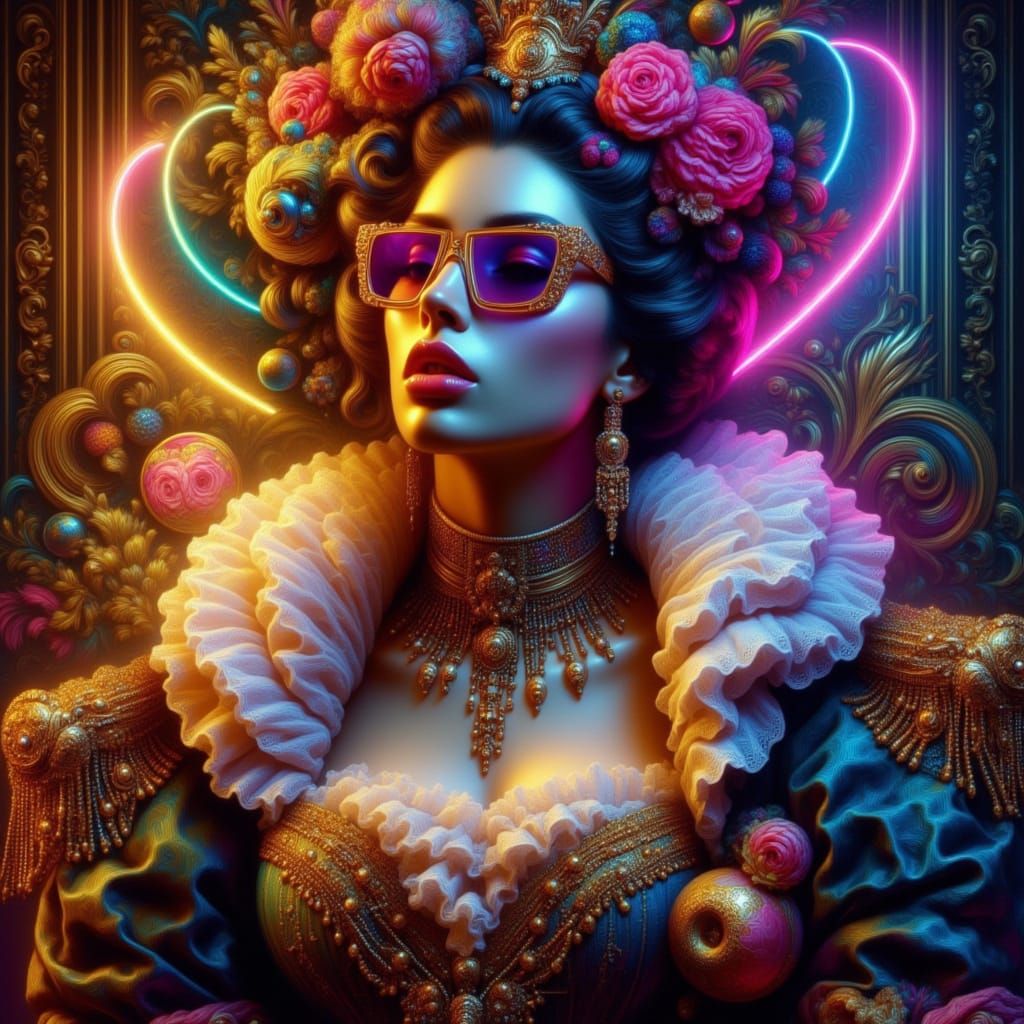 <lora:Baroquewave:1.0> classical baroque woman, wearing sunglasses, in the style of Baroquewave, Baroque, synth wave