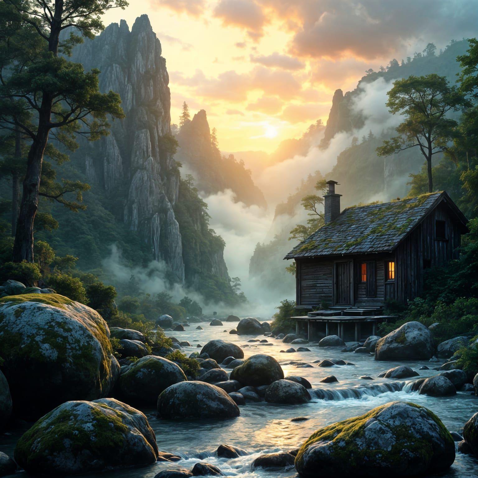 Misty River Sunrise with Boulders and Shack