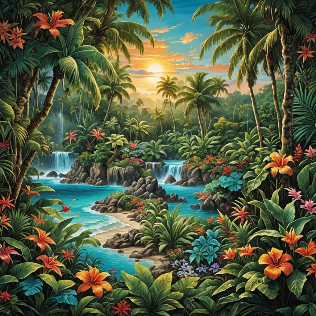 Tropical tapestry: Render a hyper-realistic and vibrant depi...