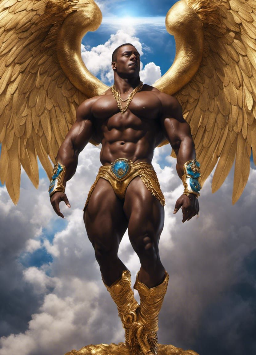 Hyperrealistic Black Angel Bodybuilder in Heavenly Clouds