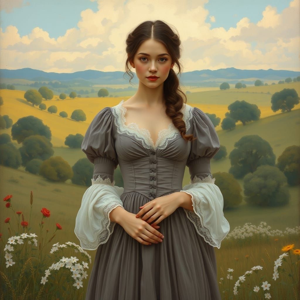 Elegant Woman in Serene Landscape, Romantic Style