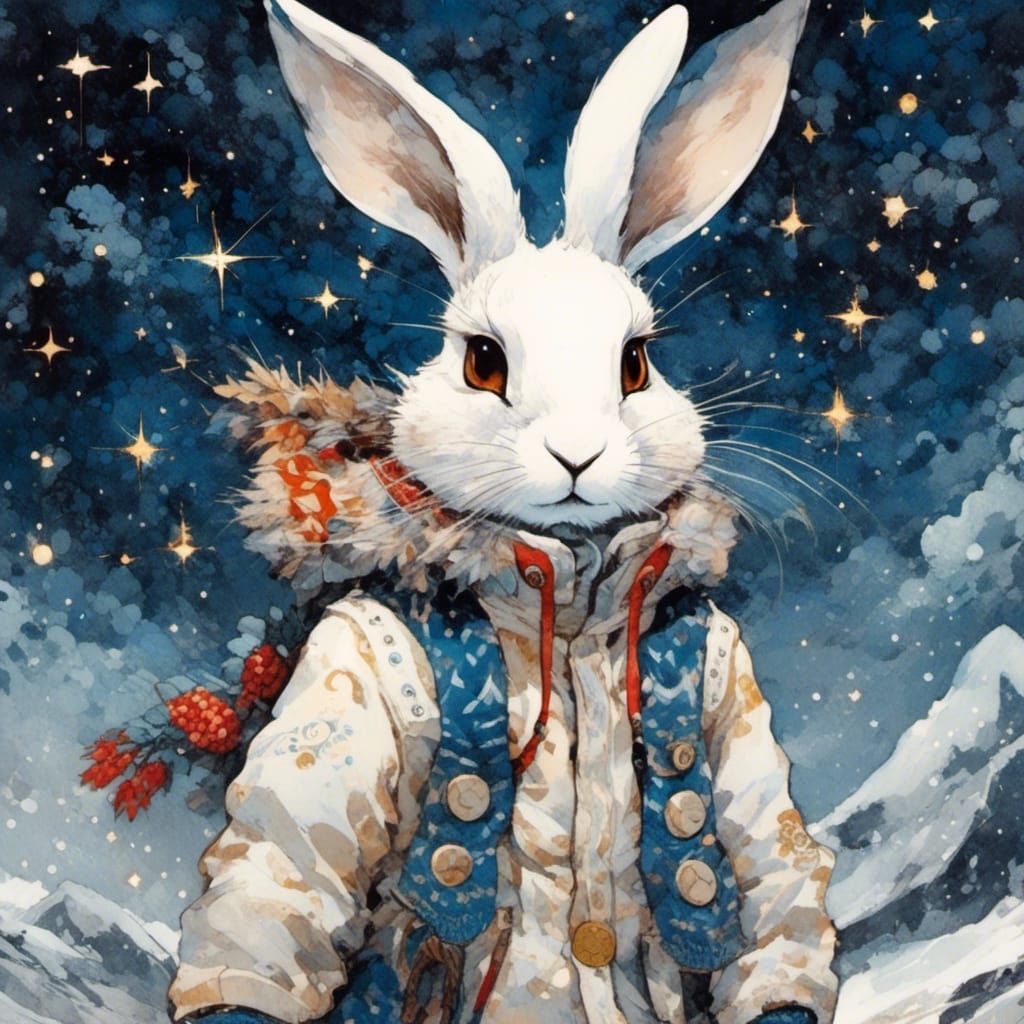 Hare in winter, in a colored thick winter coat  by @Vonne