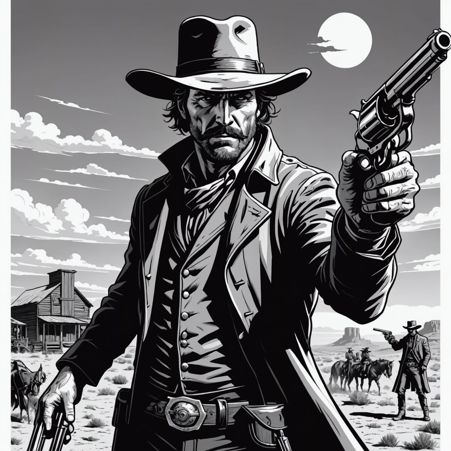 Burne Hogarth style, Wild West illustration, black and white...