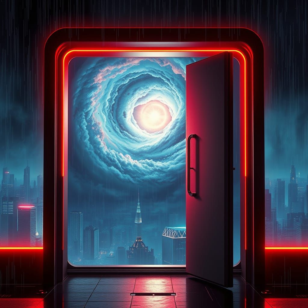Futuristic door, it is open slightly, beyond it we see a nebula, a star bring born cyberpunk 2099 blade ...  by @Gina