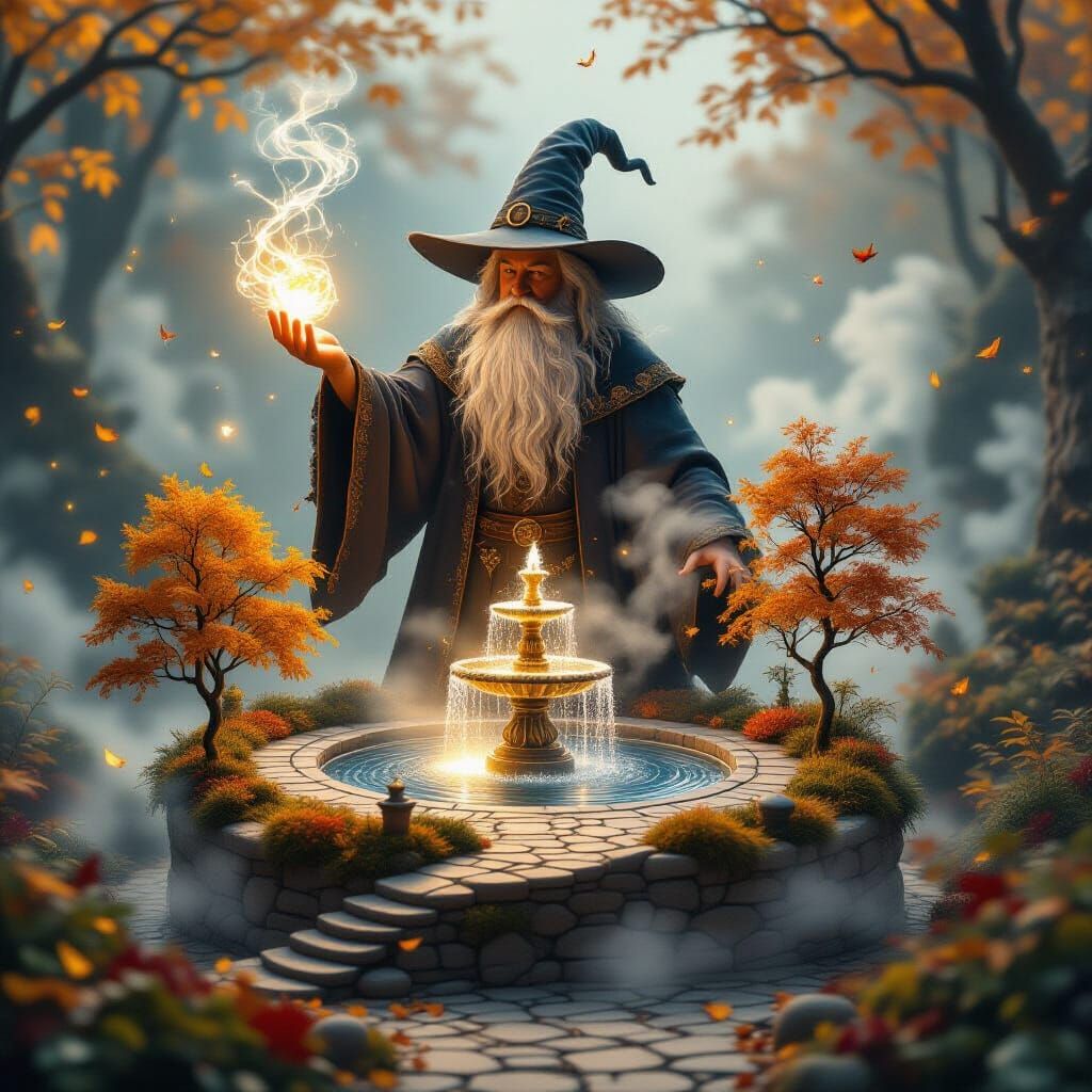 A powerful wizard stands with one arm raised, mist swirling gently around his hand. From the fog, a miniature autumn park begins to take sha...