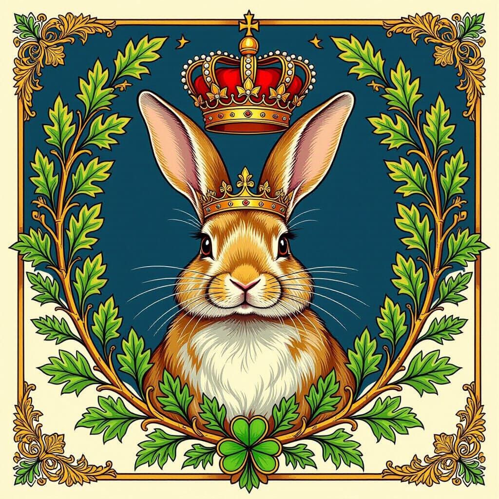 Royal Crest, include a crown for a loyal rabbit king. Include symbols of loyalty and luck. Make the colors blue, green, gold, and purple.