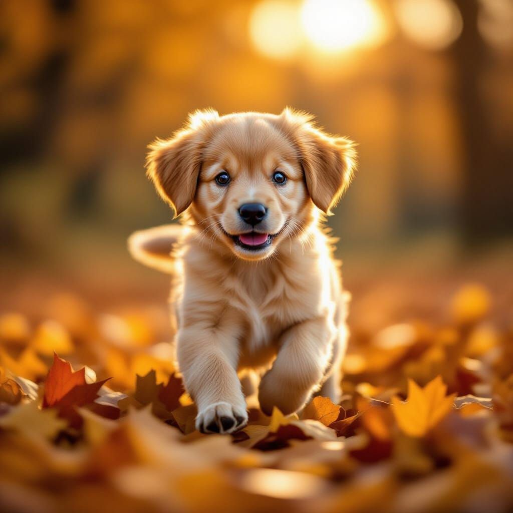 Cute Golden Retriever Puppy Running on Autumn Leaves
