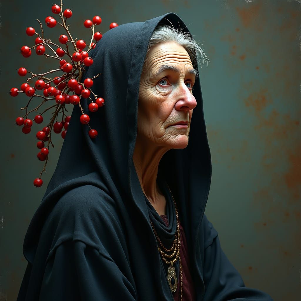 eastern orthodox icon of old woman in dark green robe with b...