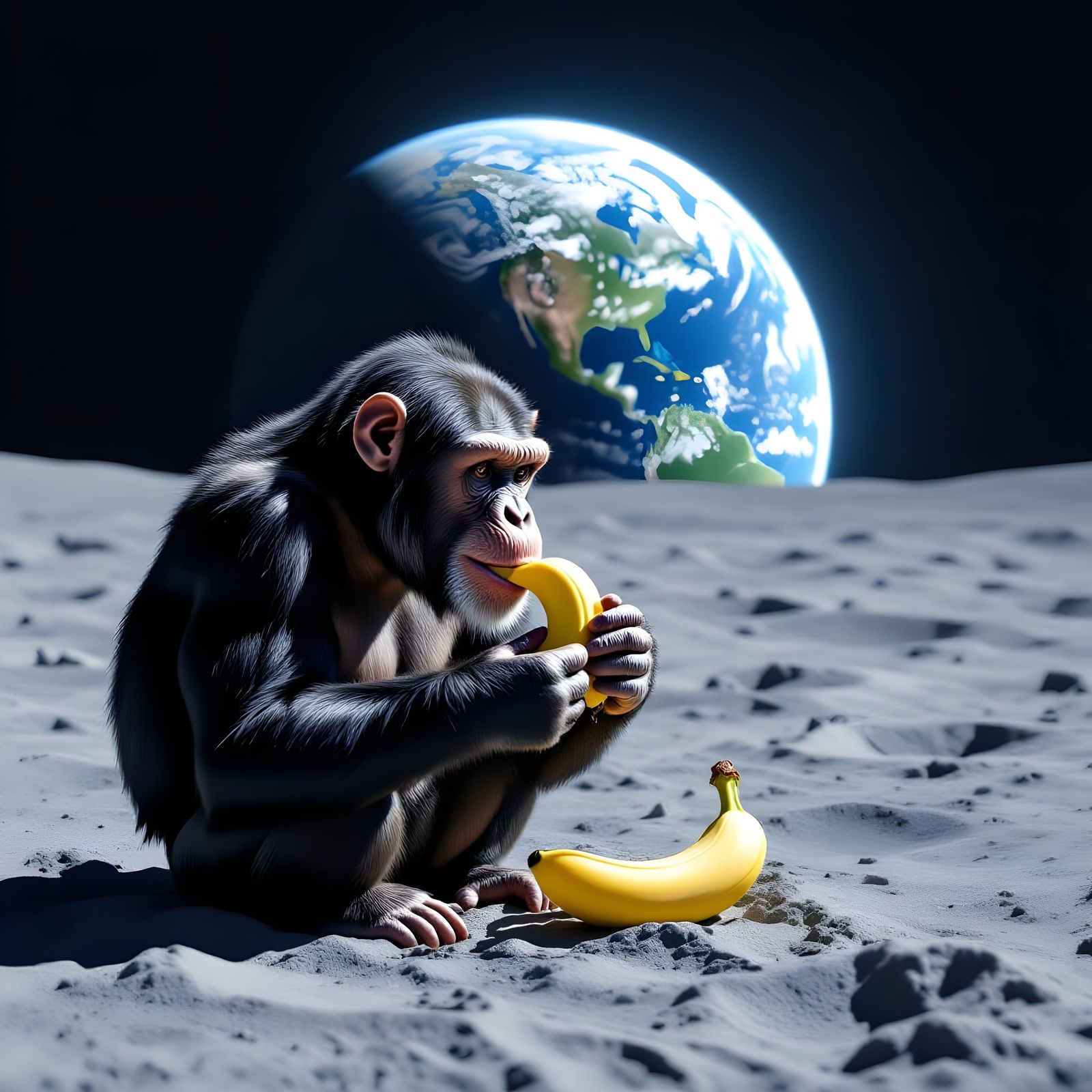 Chimpanzee Eating Banana on Moon, Realistic Style