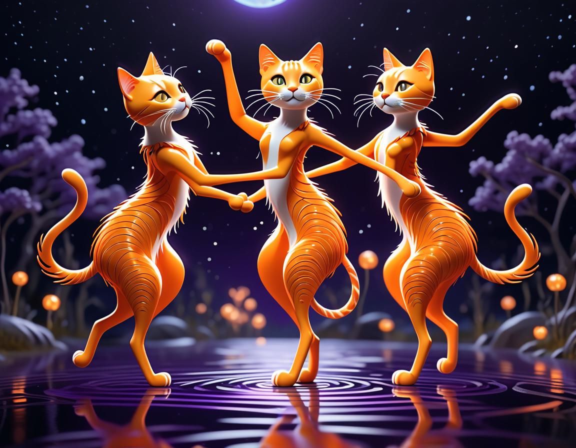 Three whimsical graceful stick figure tall thin dancing cats with