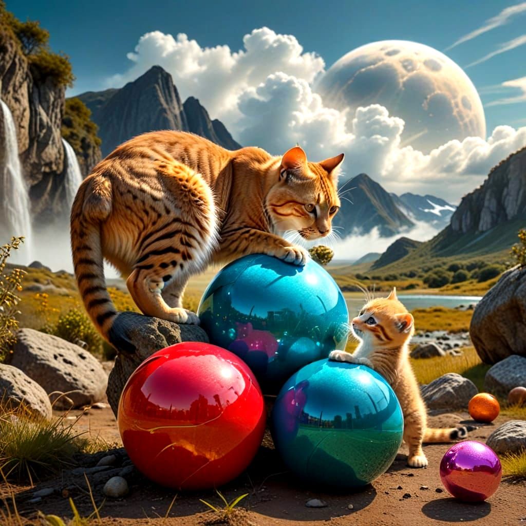 Surreal Landscape with Elegant Women and Majestic Felines