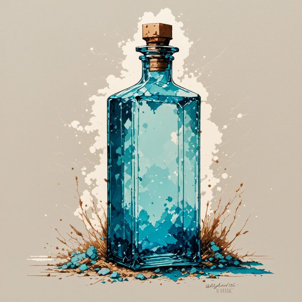 This rectangular bottle is made of translucent sky blue glas...