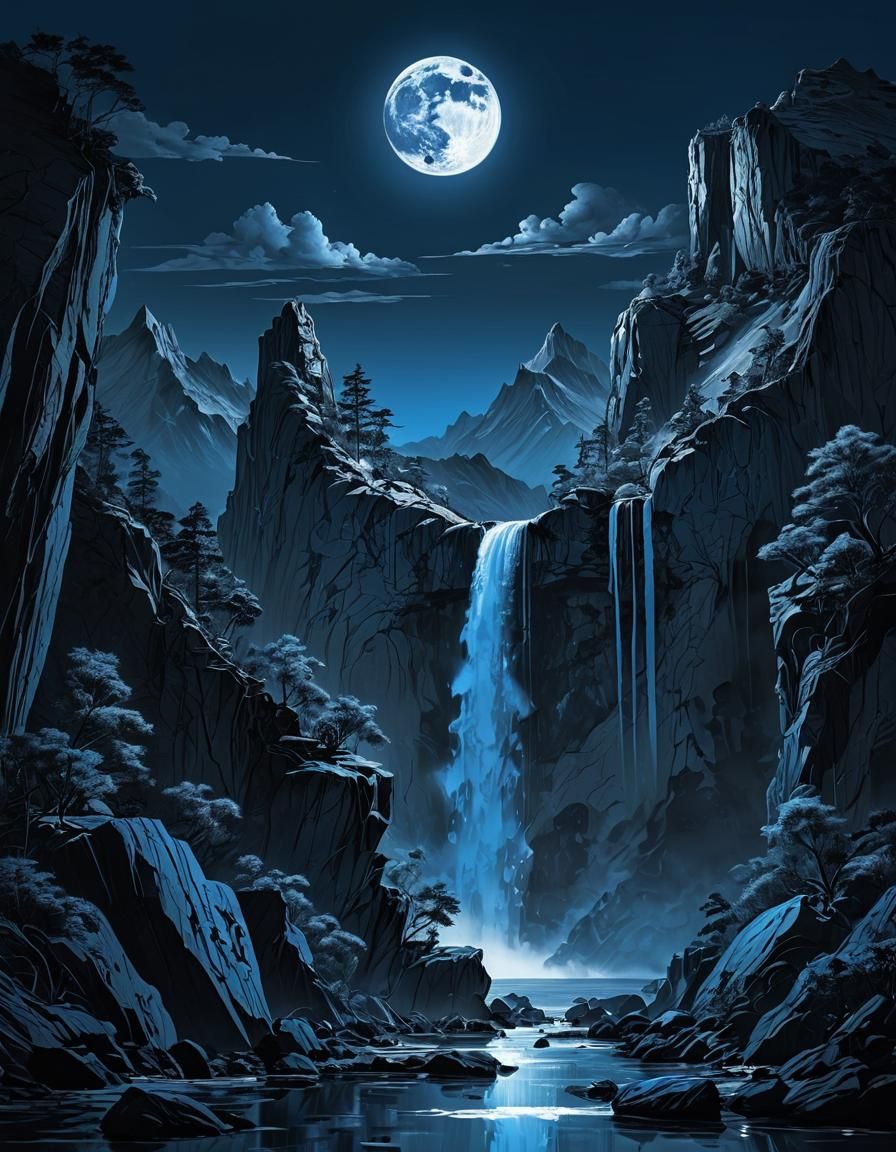 (Inky) A glorious moon-rise over a tall mountain waterfall  by @Varus