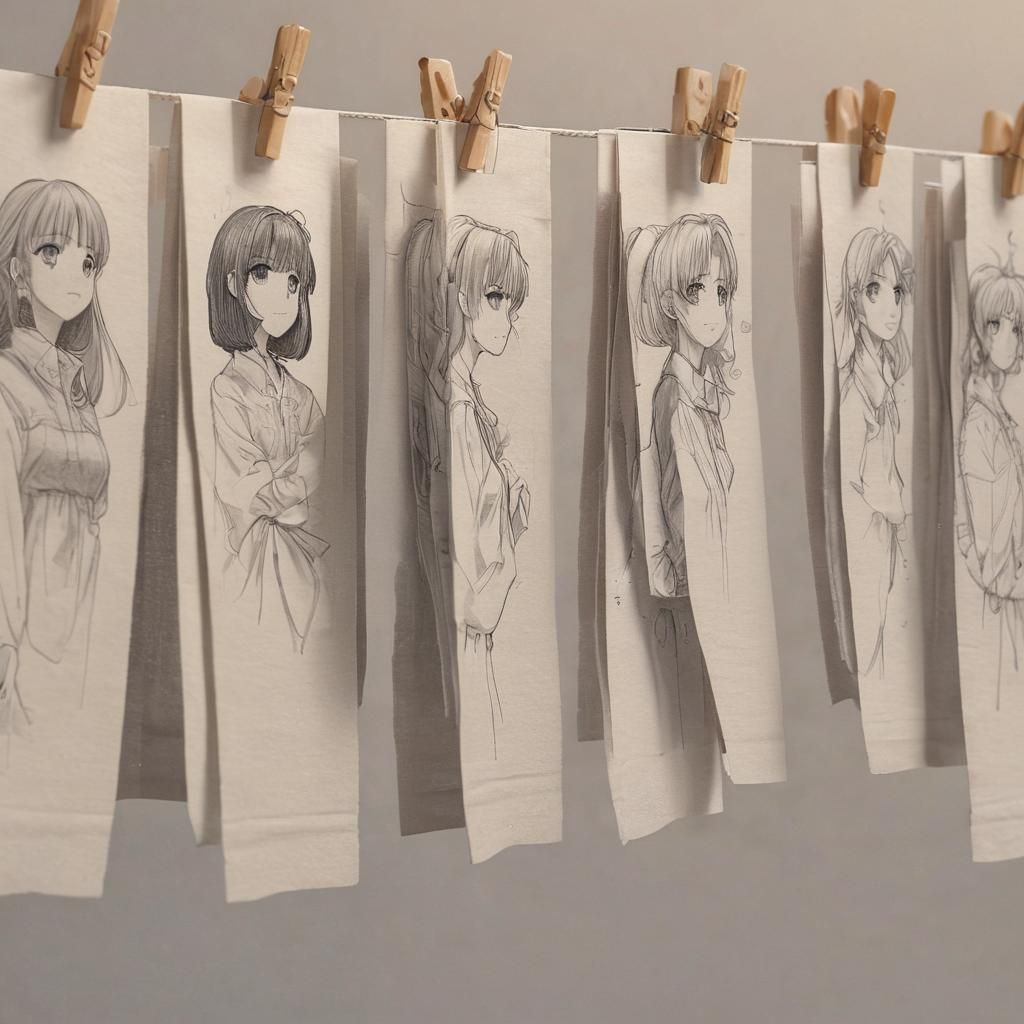 Anime Pencil Portraits on a Clothesline