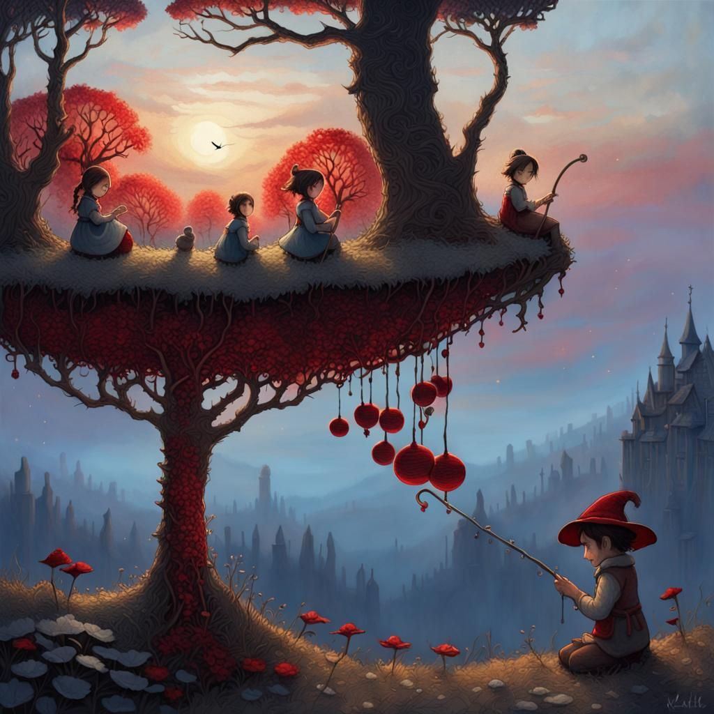 Ethereal Twilight: Intricate Digital Needlework in Red