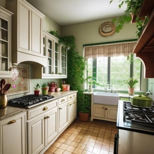 Beautiful candy kitchen decorated with plants