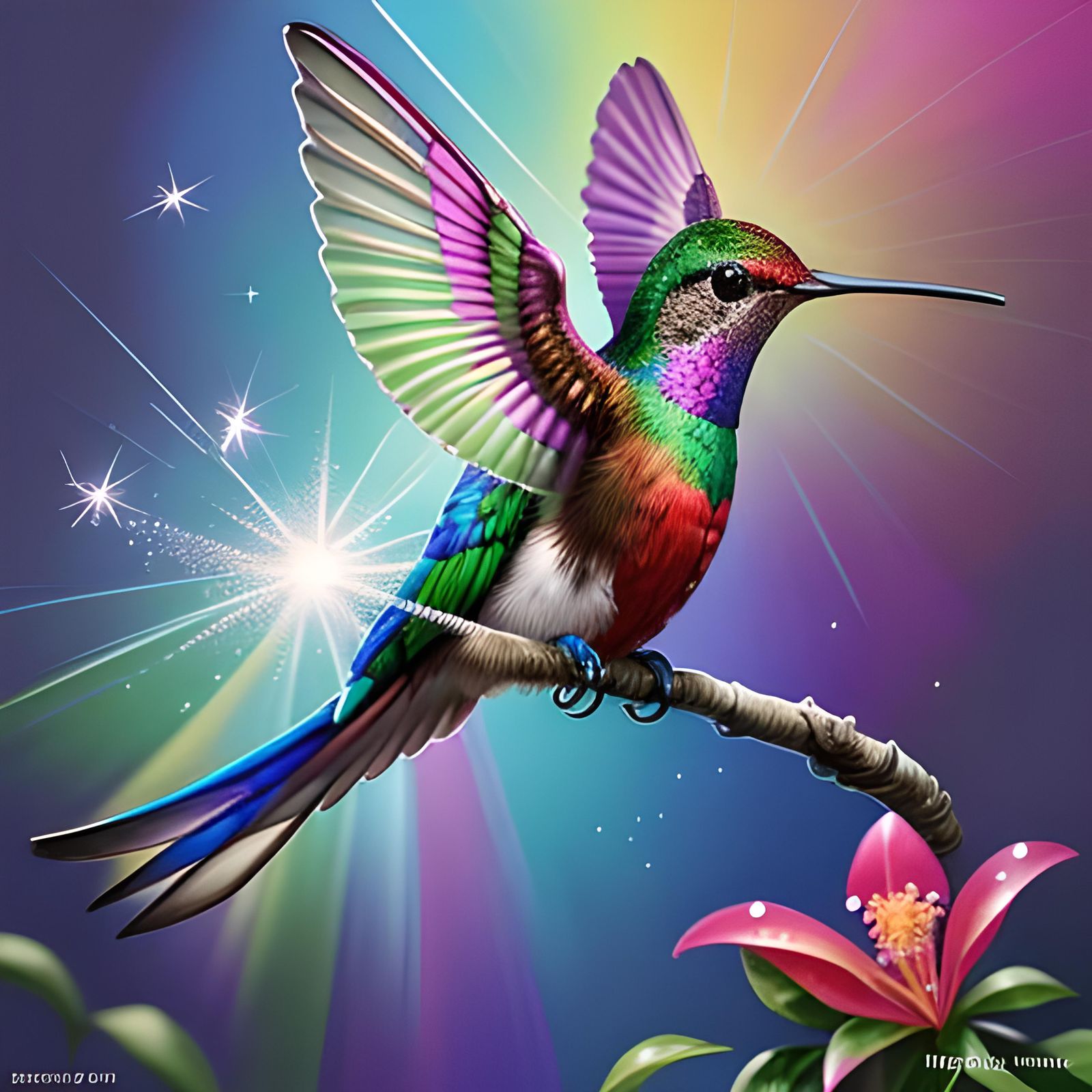 Multiple gem colored Hummingbirds fly and feed on overgrown honeysuckle flowers covered in sparkling dew drops. Prismati...