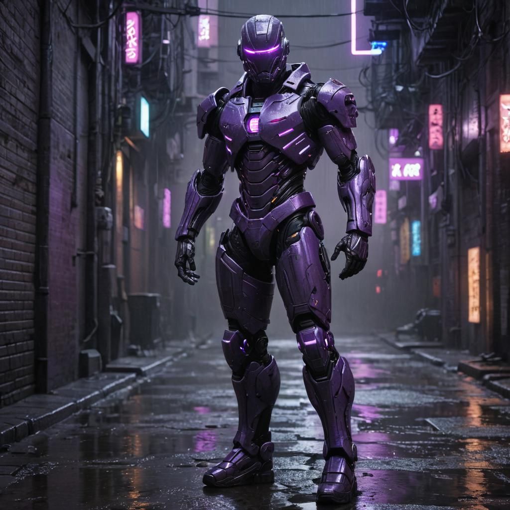 Futuristic Cyborg in Cyberpunk Alleyway Digital Art