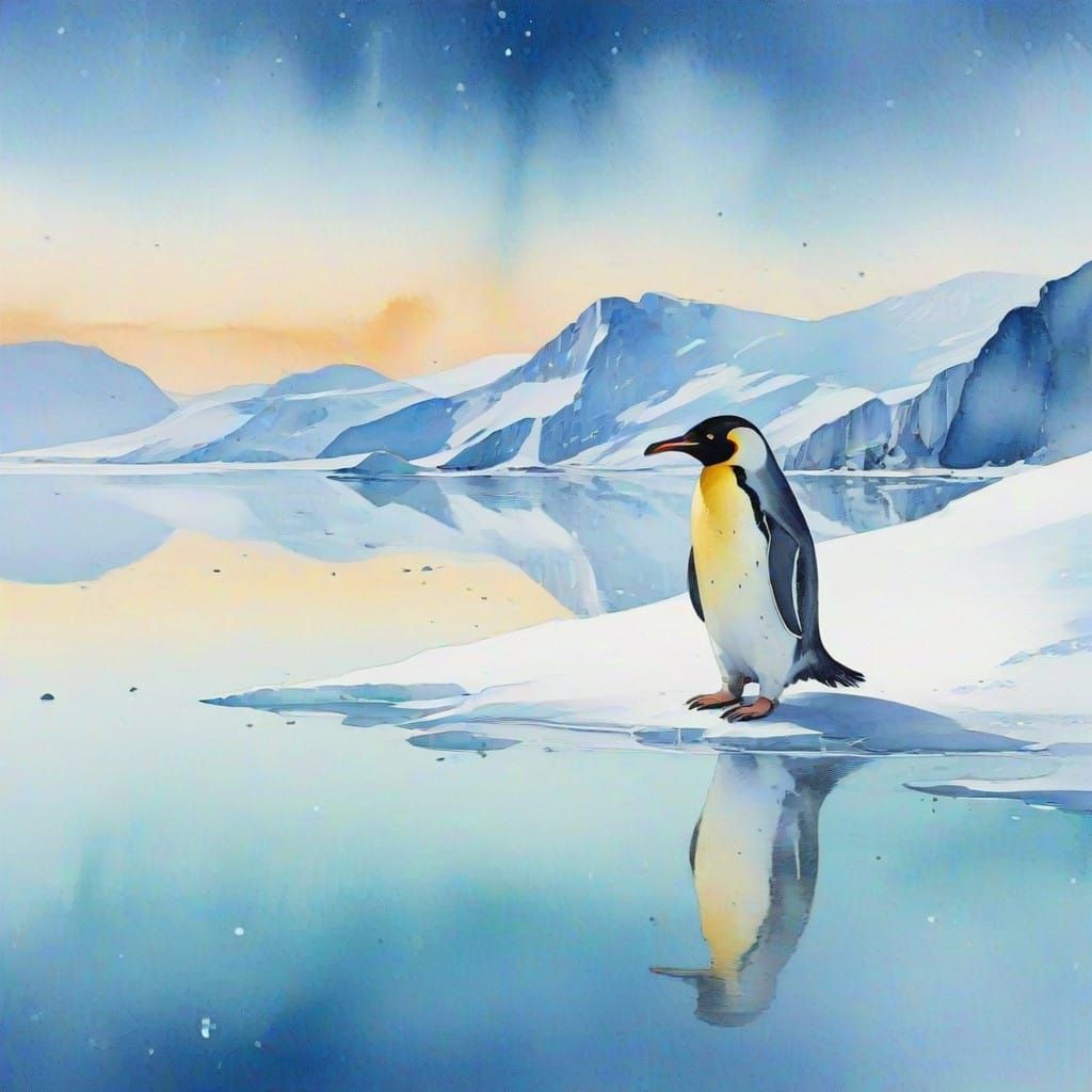 Vibrant Watercolor Penguins in a Serene Snowy Landscape