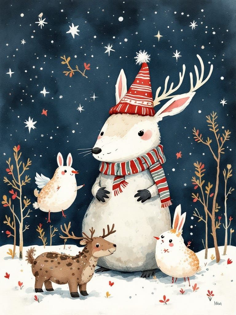 Whimsical Christmas Animals in Folk Art Watercolor