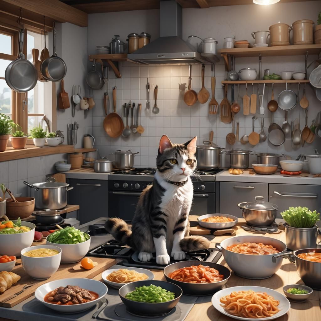 Cat cooking in a home kitchen