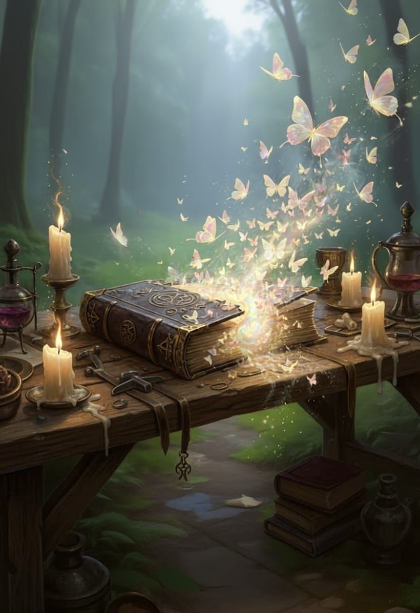 A realistic image of an antique, leather-bound book in a rustic, candlelit wizard's workshop. The book is magically transforming, with its p...