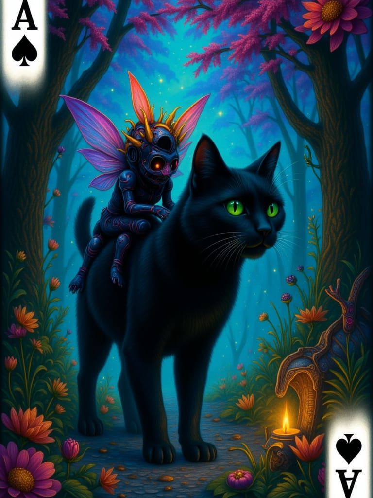 in a Ace of black spades playing card style Pure black velvet fur cat with emerald green eye walking out of a teal and light purple portal i...