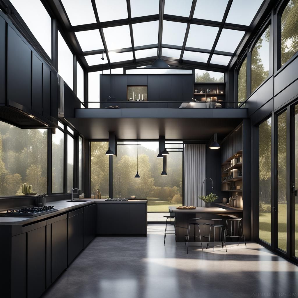 container home with high ceilings kitchen with black applian...