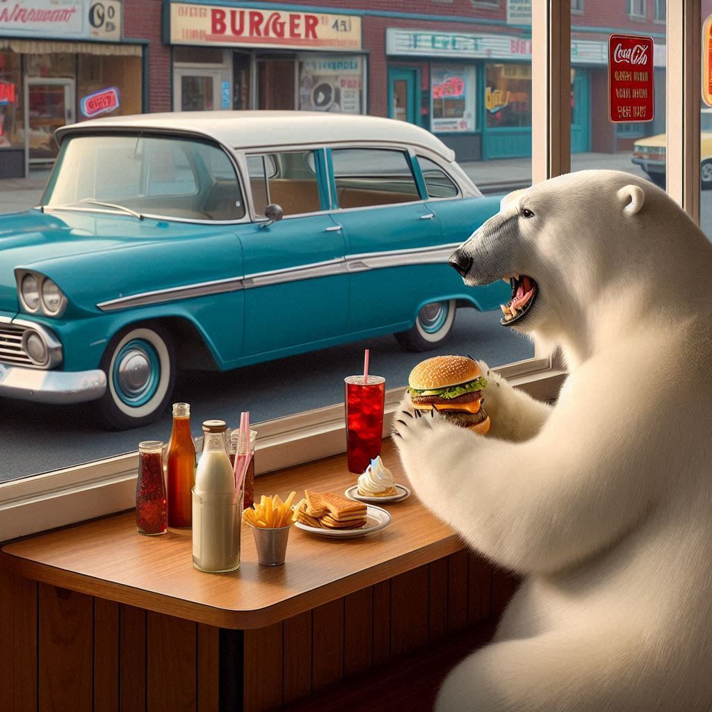 Hungry polar bear stops at a 1960s era burger shop