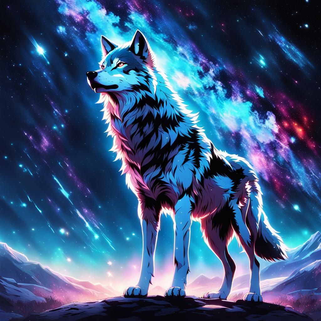 Ethereal Wolf in Starry Galaxy: Anime Key Visual