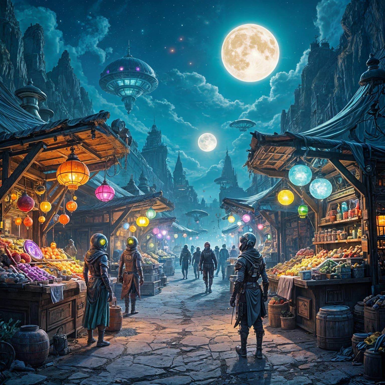 A bustling alien market scene set on a vibrant, alien planet with two suns. Stalls are constructed from ...  by @undefined