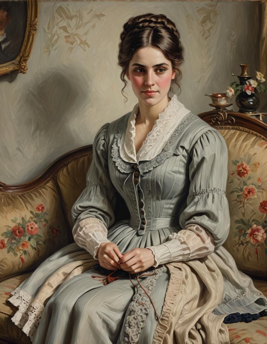 A beautiful young Victorian woman sitting on a couch knittin...