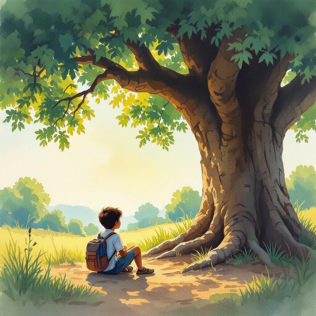 Boy Finds Solace Under Ancient Tree in Watercolor Style