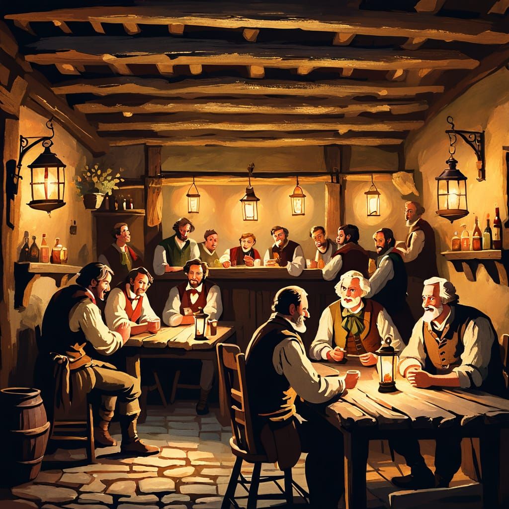 Characters gathered outside a rustic inn