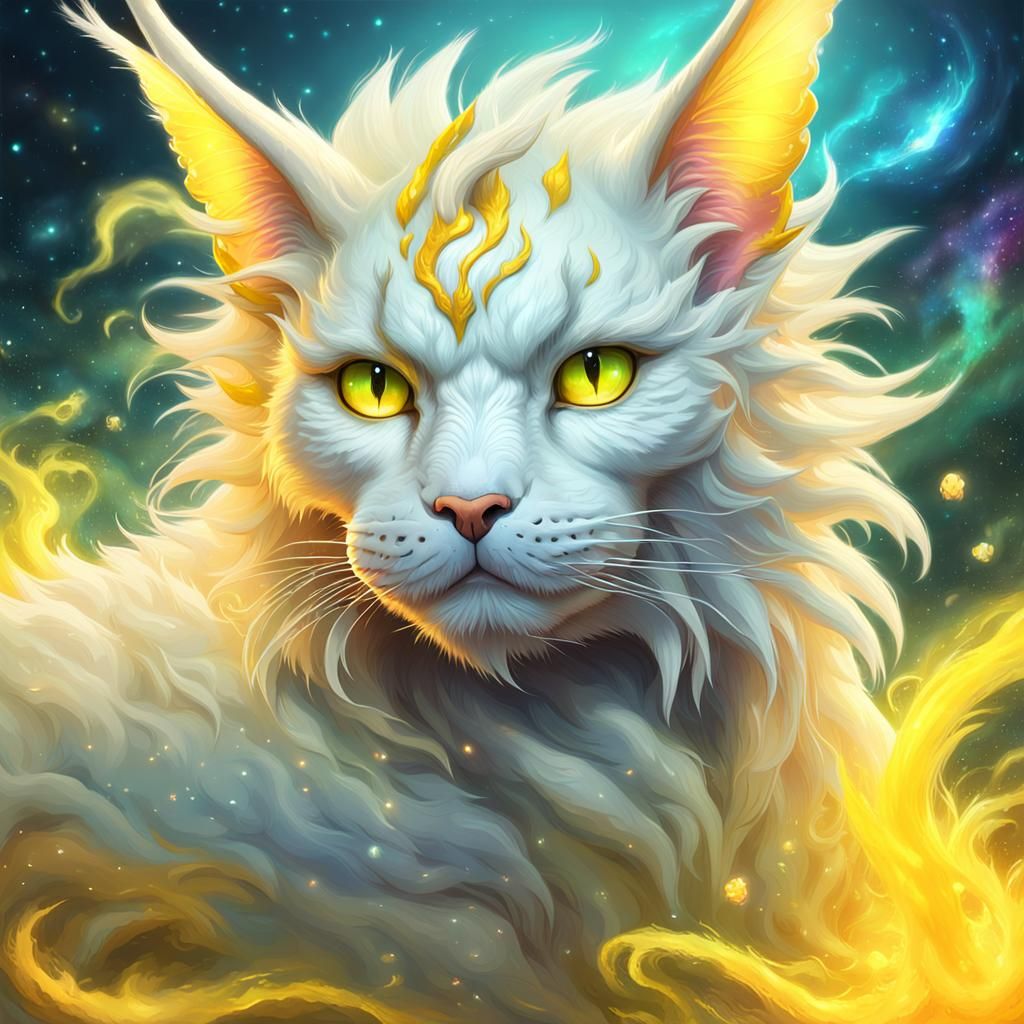 Hyper realistic cute fluffy yellow and white Dragon-cat fant...