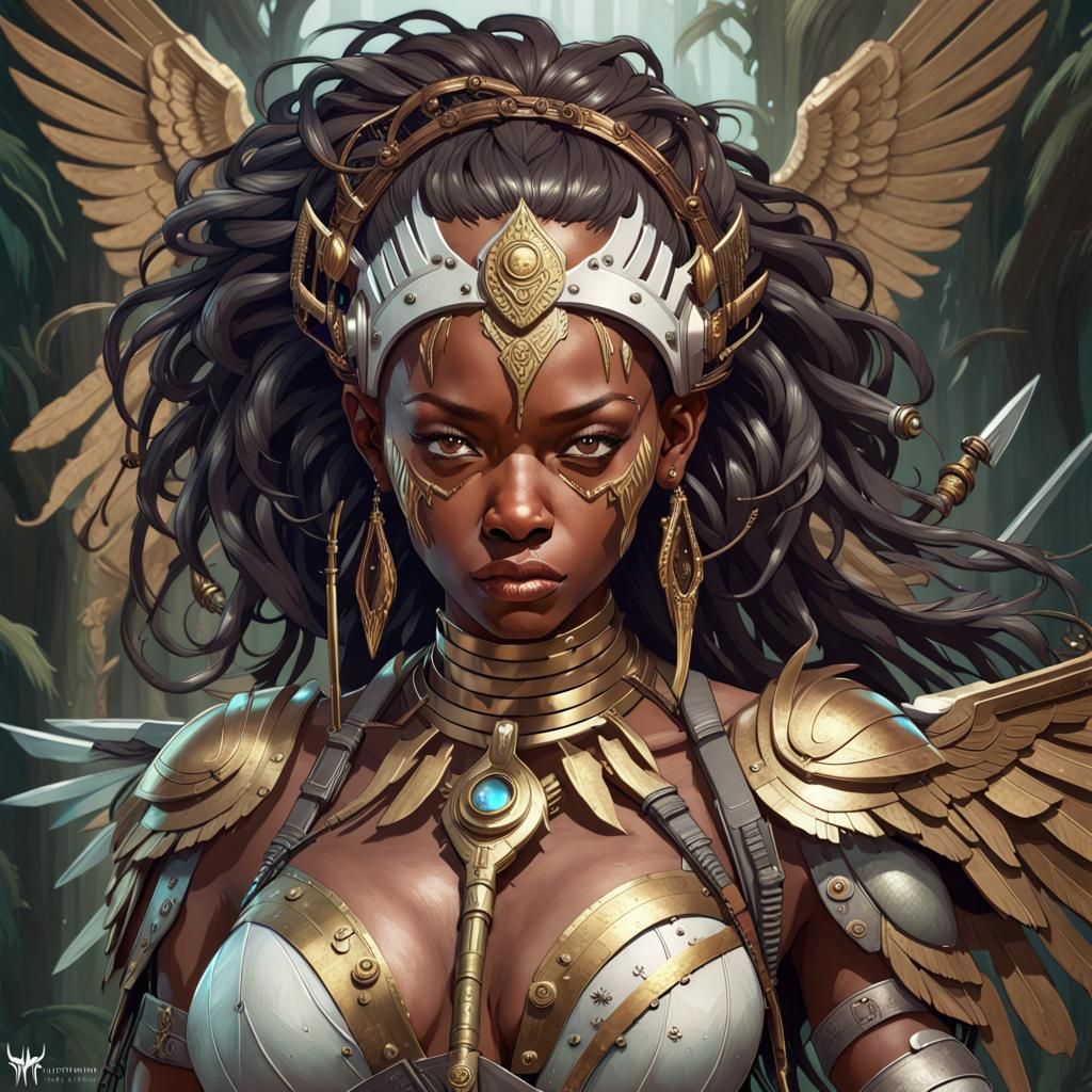 African Goddess with Metallic Wings, Hyperdetailed Art