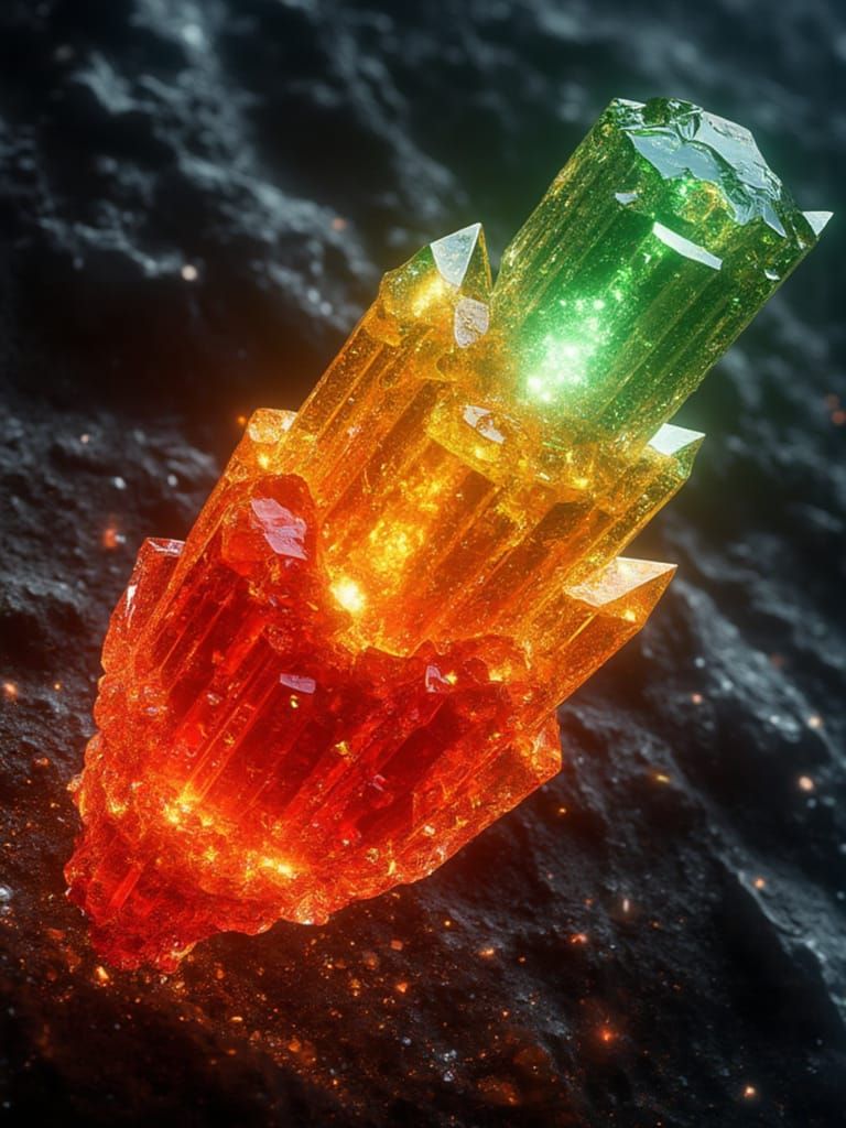 <lora:Space Gems:1.3> A mystical 3D render of a crystal-forged hot pepper in space with a glowing core. faceted glass edges, and rainbow ref...