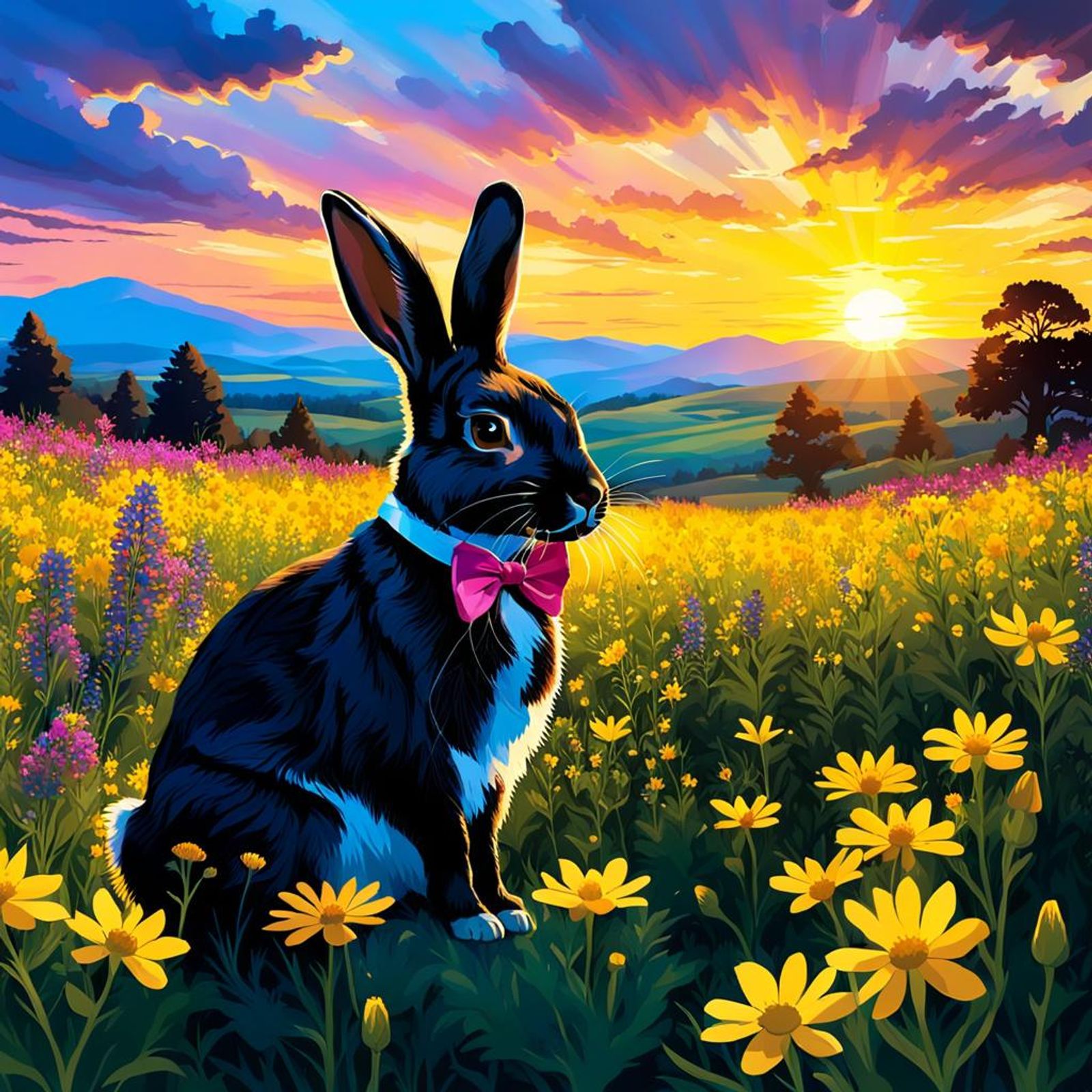 Silhouette Of Rabbit With A Bow-tie Sitting A Field Of Yellow And Blue 