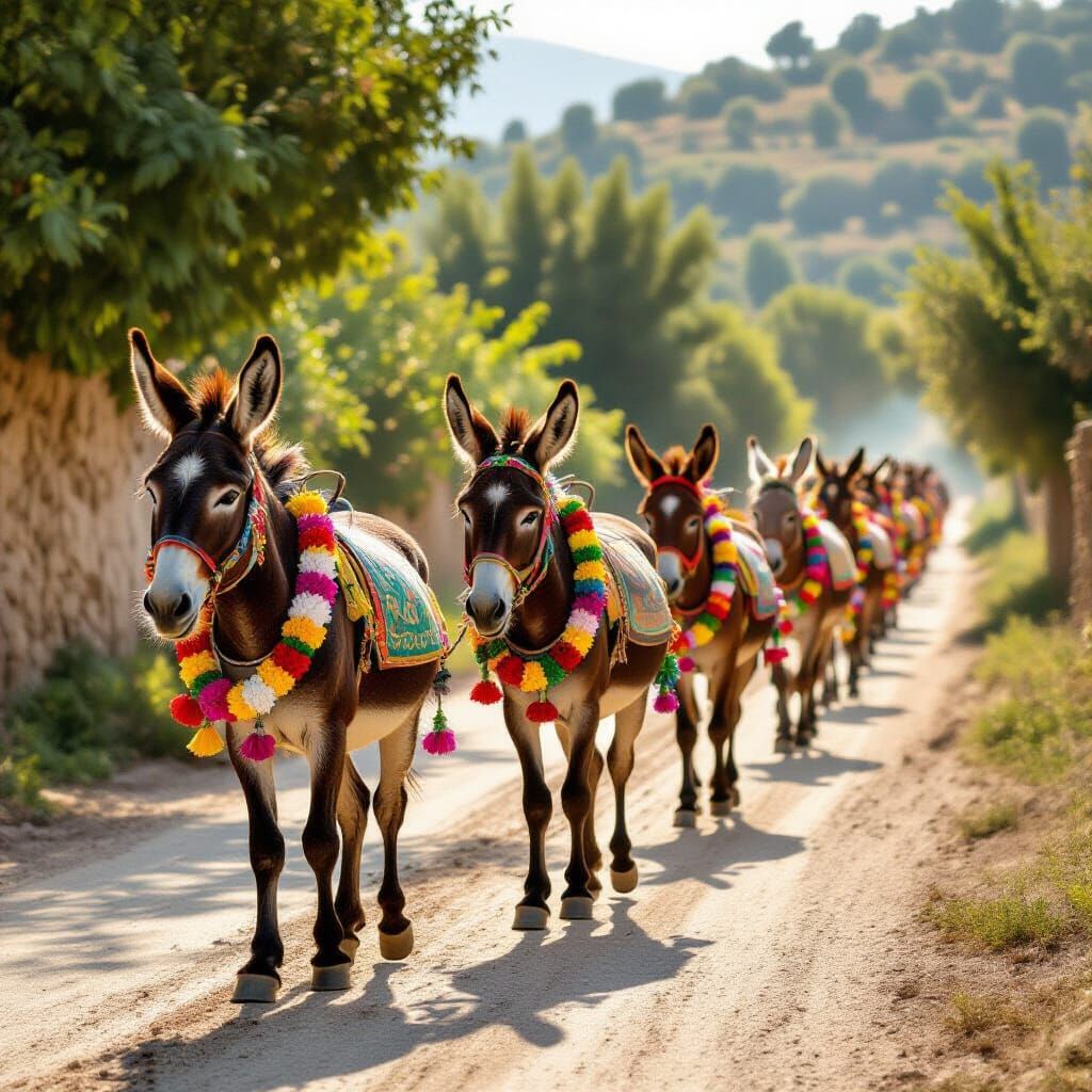 Joyful Donkey Procession in Folk Art Style